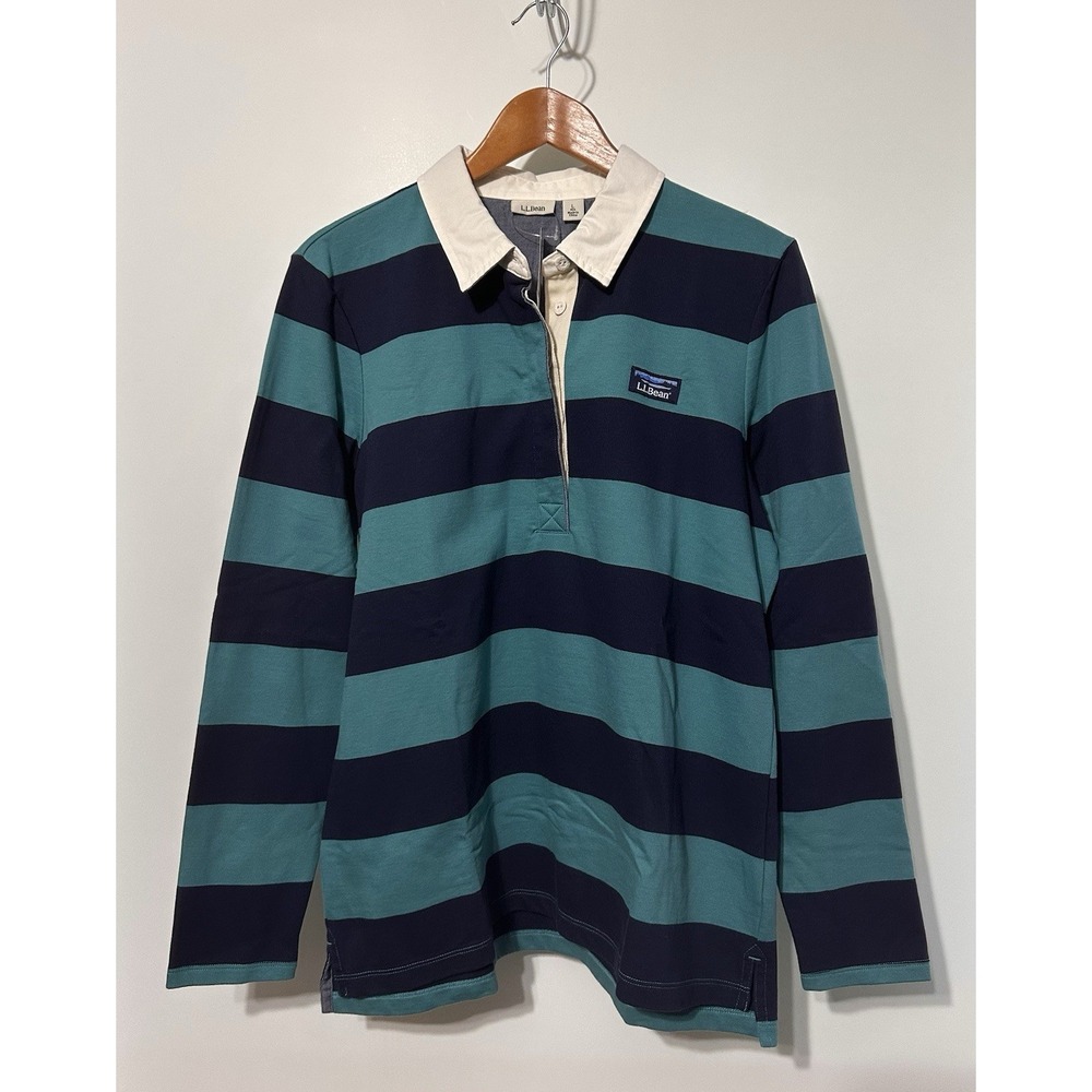 LL Bean Rugby Shirt Womens Large Teal Navy Striped Heritage Polo 508132